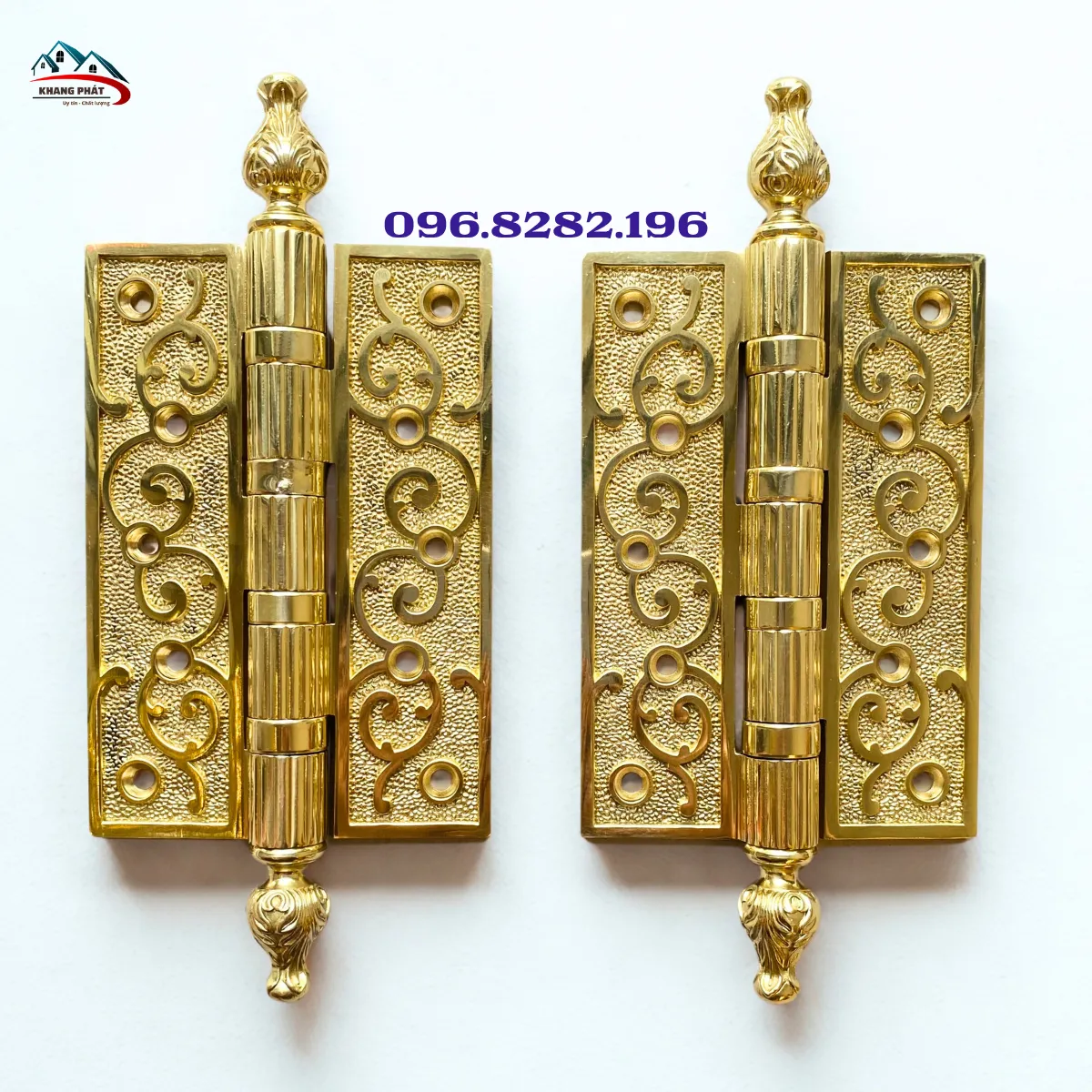 Bản lề lá cửa gỗ bằng đồng thau, hoa văn chạm khắc tinh xảo, dài 15cm, dùng cho cửa chính dày 4–8cm