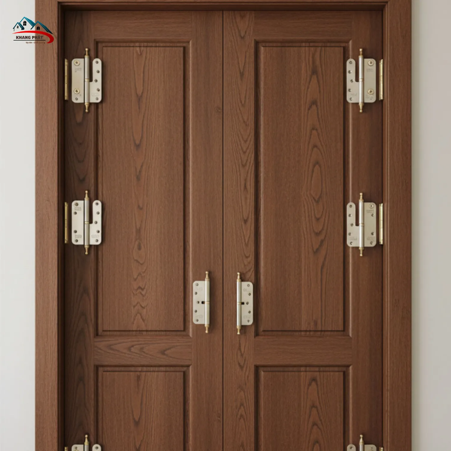 Phụ kiện bản lề lắp thực tế trên cánh cửa gỗ