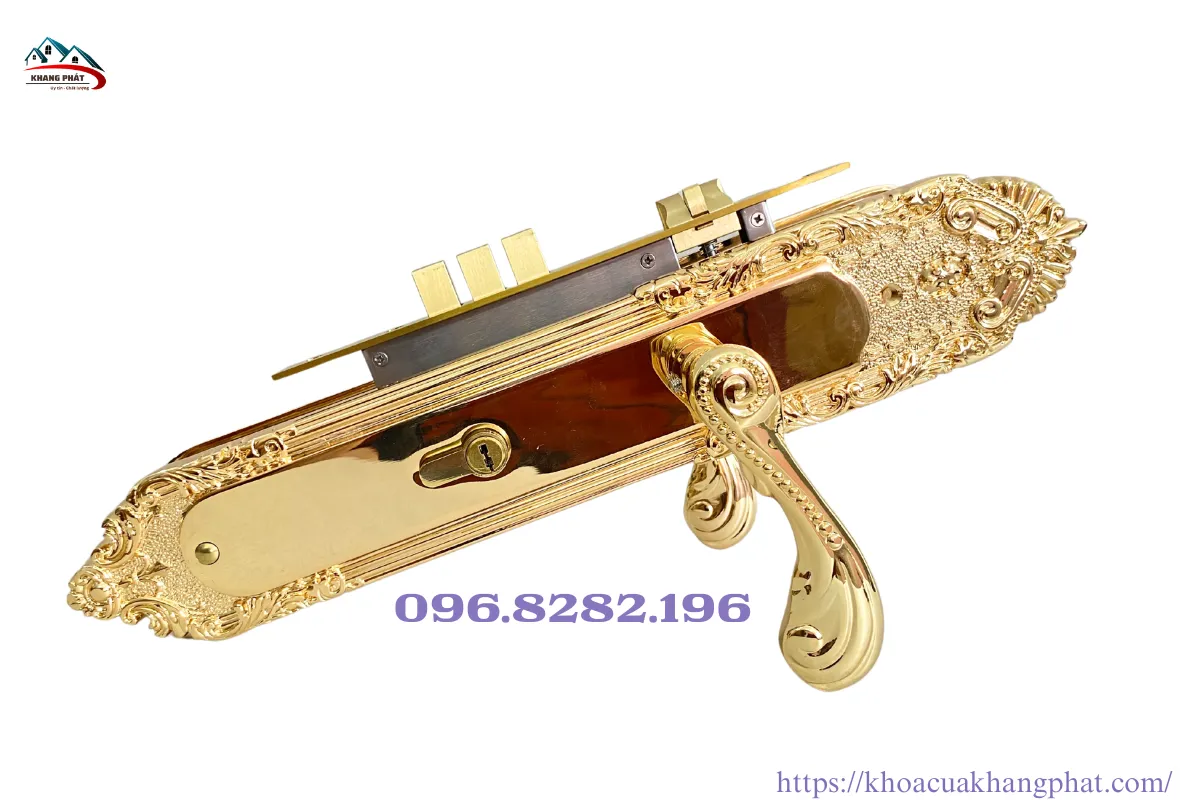 Khoá cửa chính 2 cánh bằng đồng thau mạ 24k KP1818 dài 40cm