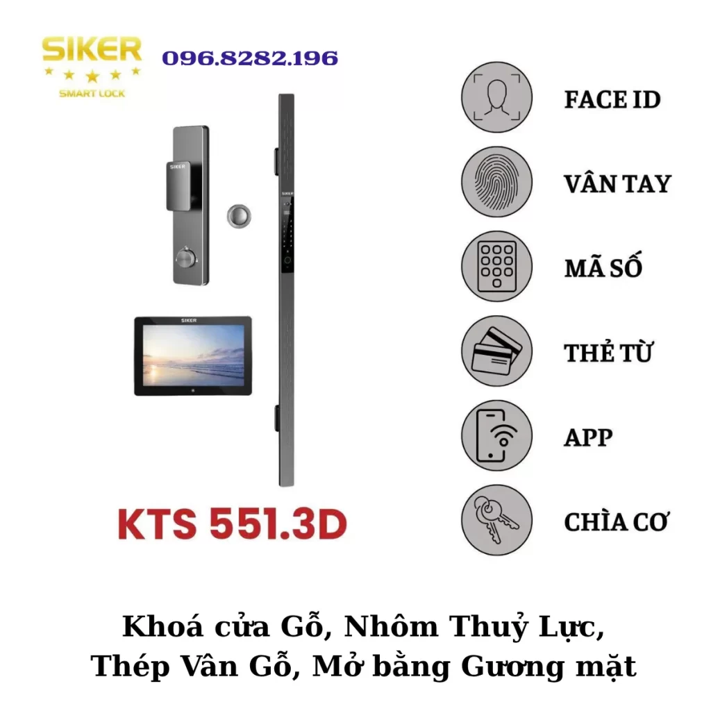 Khóa thông minh SIKER KTS 551.3D nhận diện khuôn mặt, mở khóa vân tay, app, mã số