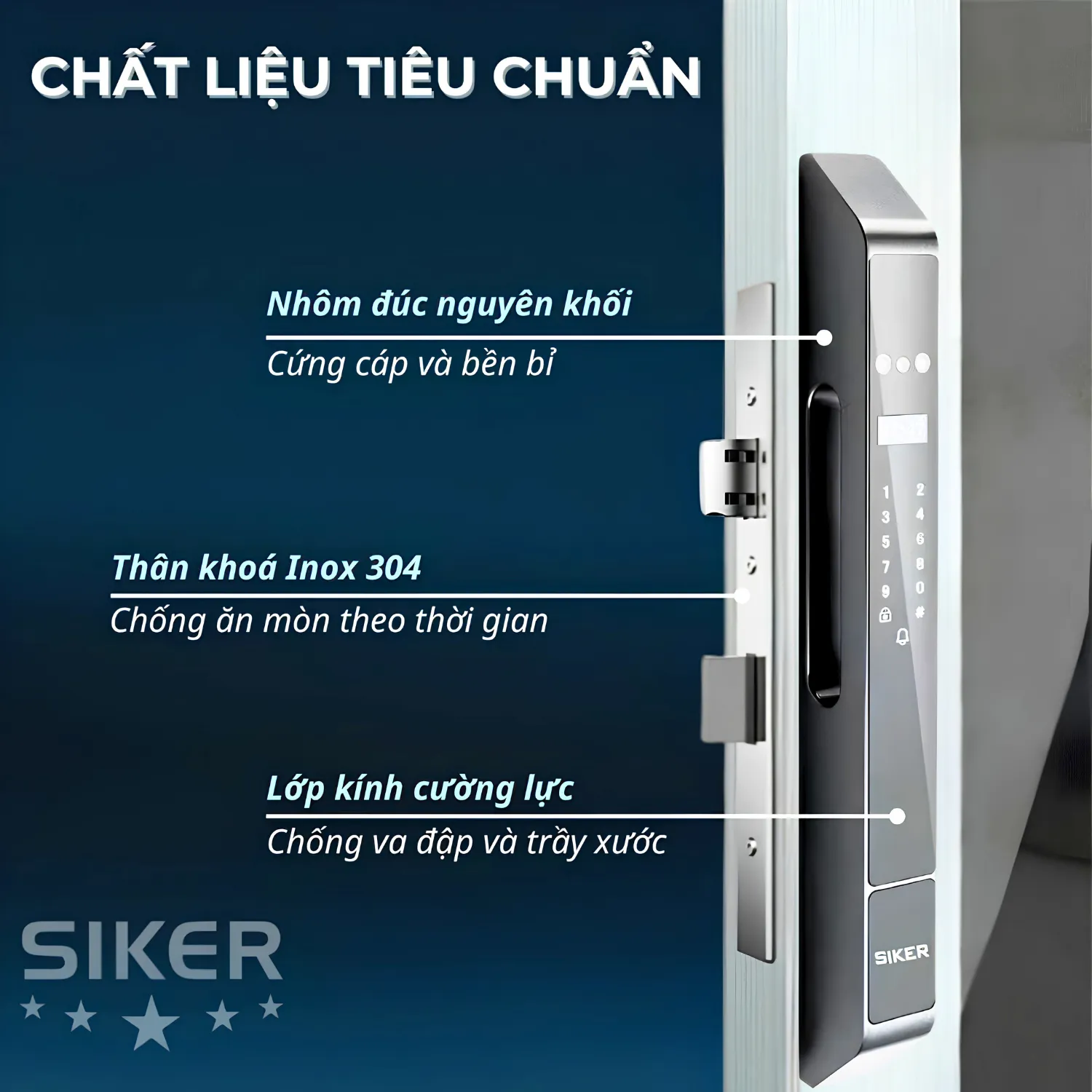 Khung viền nhôm đúc nguyên khối của khoá điện tử Siker