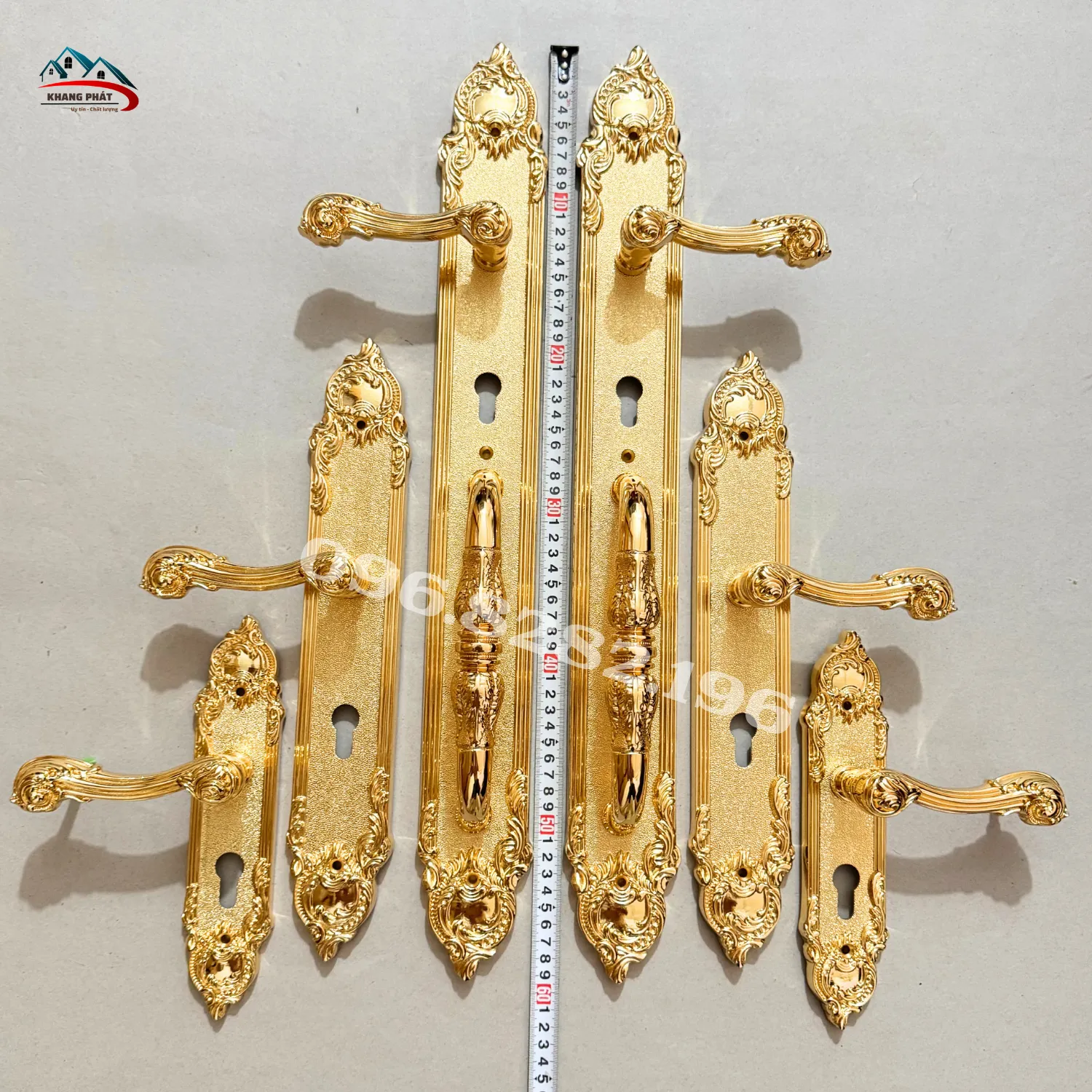 Tổng thể 3 kích thước khóa đồng KP6161 vàng bóng