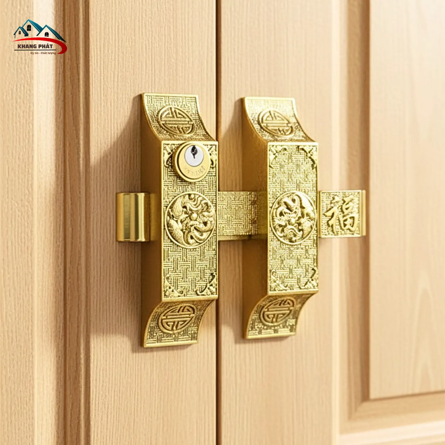 Bộ khóa then cài cửa bức bàn Long Phụng màu vàng bóng bằng đồng đúc lắp trên cửa gỗ nhà thờ họ