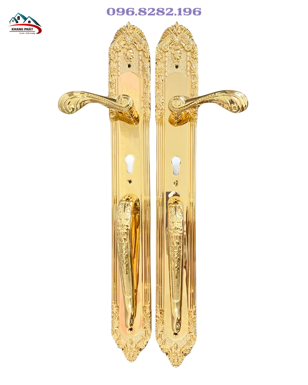 Khóa cửa đại sảnh đồng mạ vàng 24K KP1818 dài 60cm - Chất liệu đồng thau cao cấp, mạ vàng sang trọng, thiết kế tay cong hoa văn tinh tế.