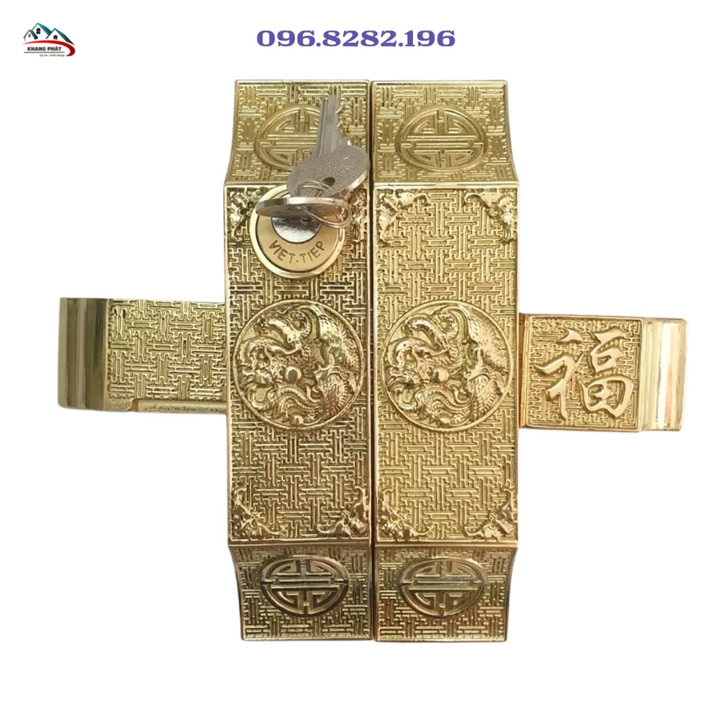 Khóa then cài bức bàn họa tiết rồng phượng bằng đồng bóng đẹp
