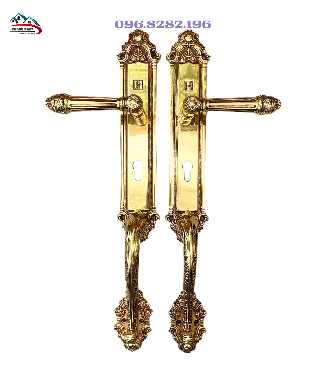Khoá tay nắm cửa gỗ đại sảnh Huy Hoàng HCP 8526 bằng đồng thau nguyên khối, dài 52.5cm