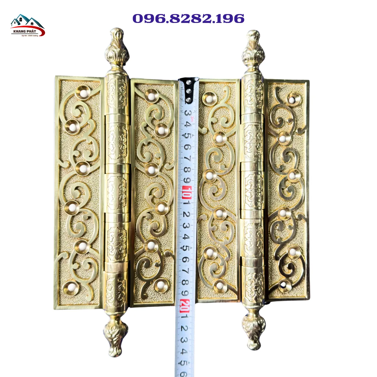 Bản lề lá đồng thau hoa văn dài 20cm, chắc chắn, bền bỉ, phù hợp cửa gỗ cao cấp