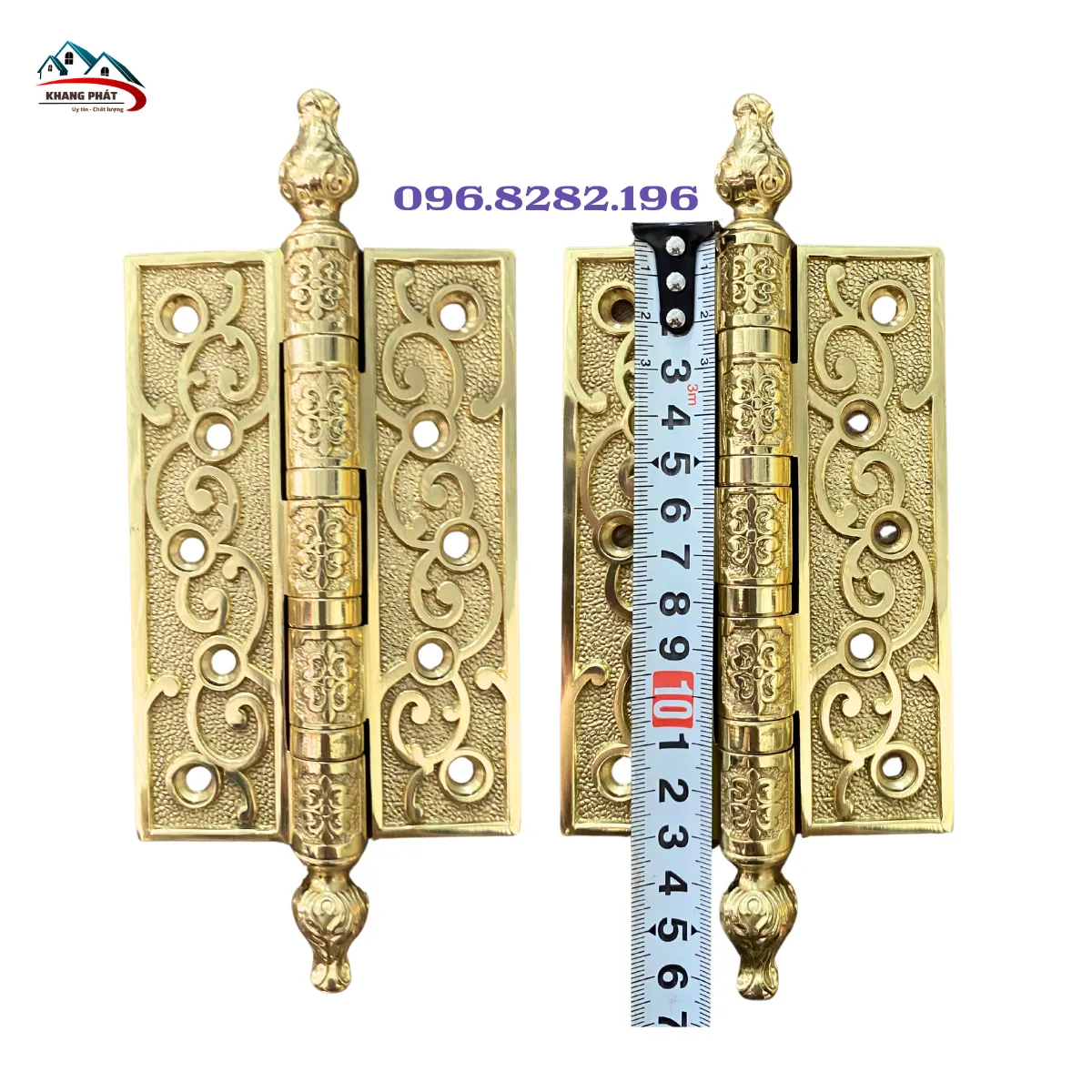 Bản lề lá đồng trục hoa dài 13cm, đồng thau cao cấp, hoa văn tinh xảo, bền chắc cho cửa gỗ