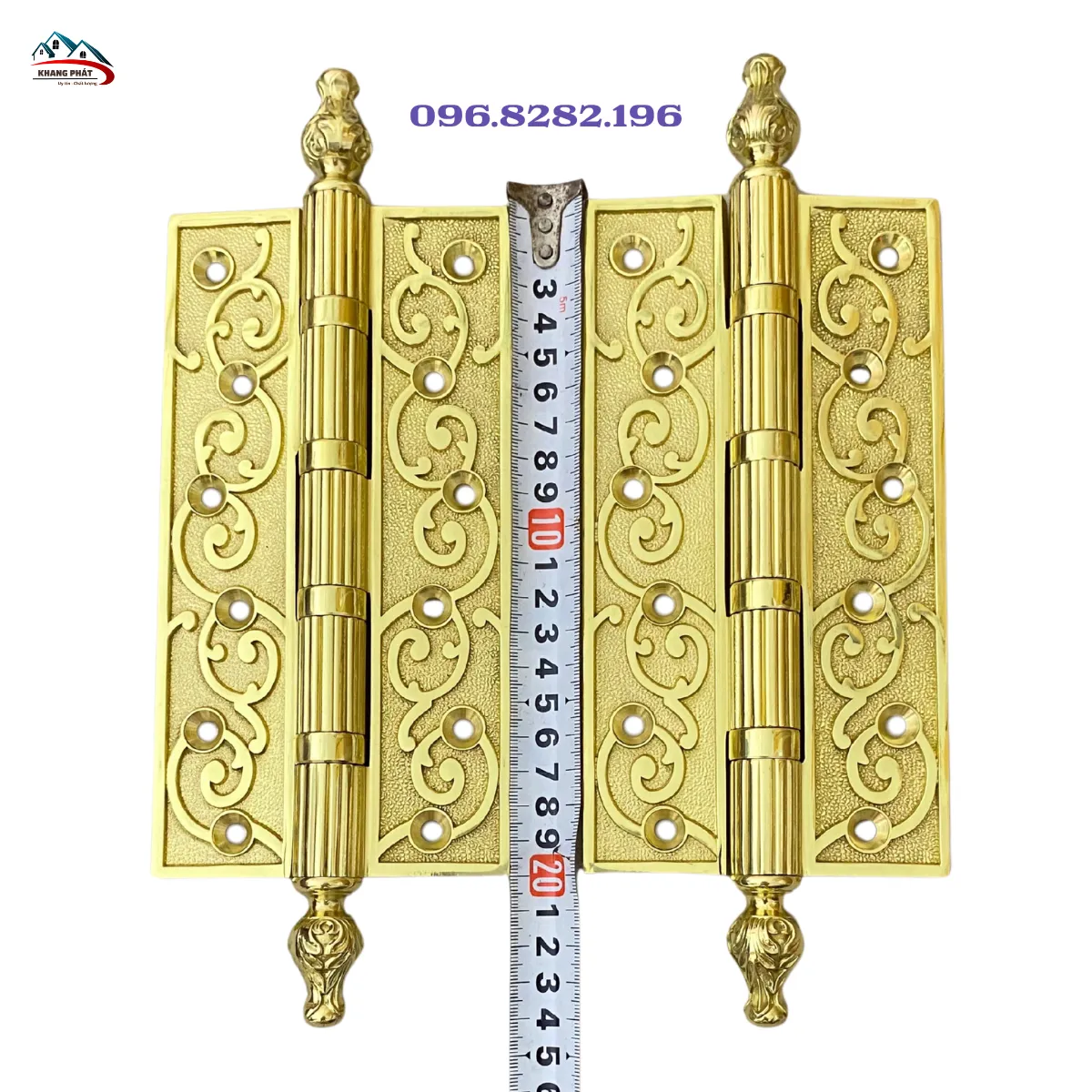 Bản lề đồng hoa dây leo dài 20cm, trục sọc, chóp búp sen, phù hợp cửa gỗ cao cấp
