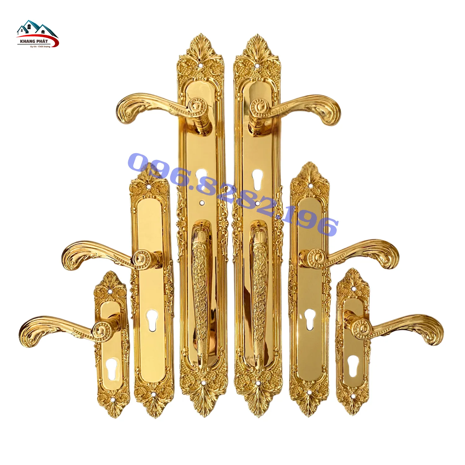 Bộ khóa cửa bằng đồng KP1919 vàng 24K đủ 3 kích thước 23cm, 40cm và 60cm